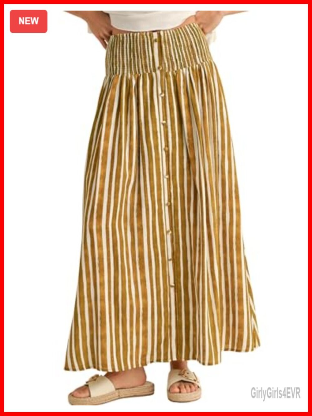 Women's Striped Maxi Skirt A-Line Front Buttons Pockets Elastic Waist